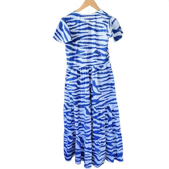 OLIPHANT Dipsy V-Neck Maxi Dress Small Singita Blue White Tiered Flutter Sleeve - Picture 11 of 12